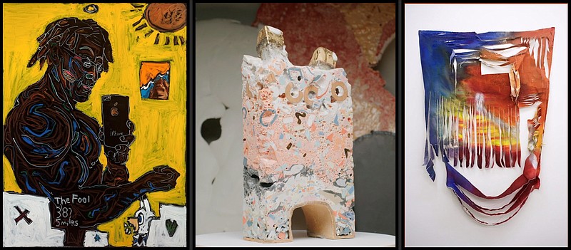 “The Fool,” by John Isiah Walton, “Vertical Horizon No. 1” by Vaughn Davis Jr. and “Ara I” by Renata Cassiano Alvarez are part of the Arkansas Museum of Fine Arts’ online “Delta Voices: Artists of the Mid-South” exhibition. (Special to the Democrat-Gazette)