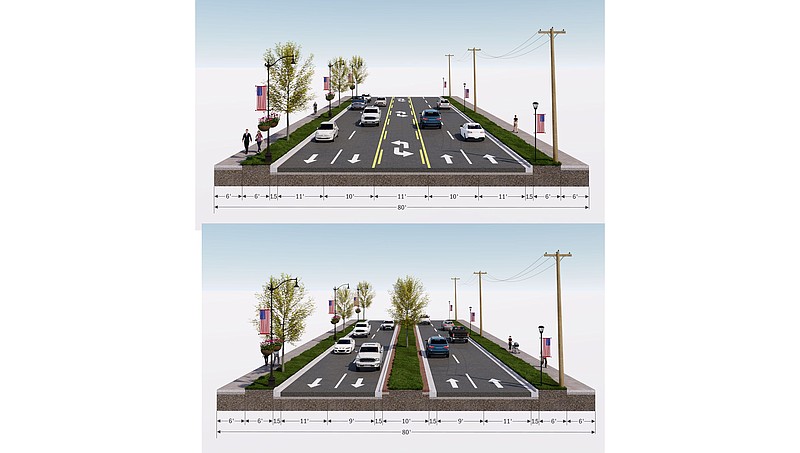 Drawings of proposed street improvements for College Avenue from North to Sycamore streets. One has a raised median, the other a turn lane.