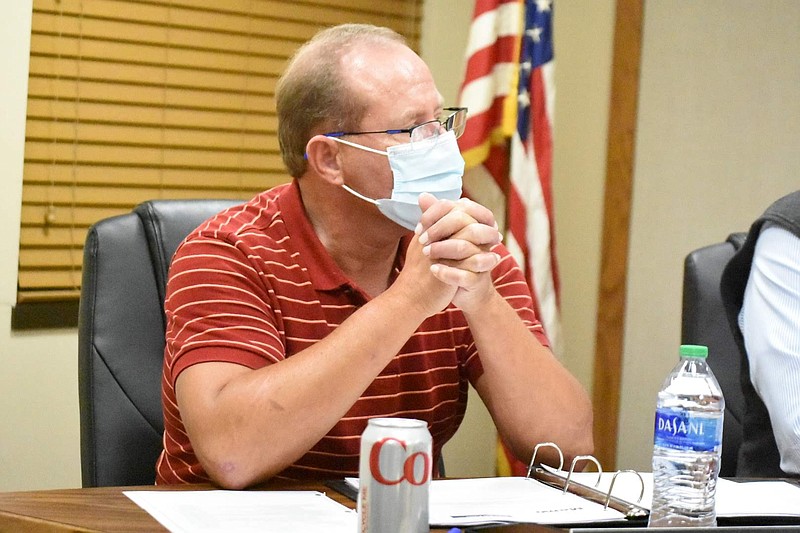 White Hall School Board member Dr. Doug Coleman takes part in a regular meeting Nov. 9, 2021. (Pine Bluff Commercial/I.C. Murrell)