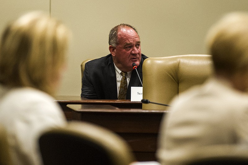 Arkansas Senator Jimmy Hickey, Jr., R-Texarkana, addresses members of the Department of Education regarding their request for consideration of an emergency Rule governing educator licensure during a meeting of the Executive Subcommittee of the Arkansas Legislative Council on Thursday, Aug. 18, 2022.
(Arkansas Democrat-Gazette/Stephen Swofford)