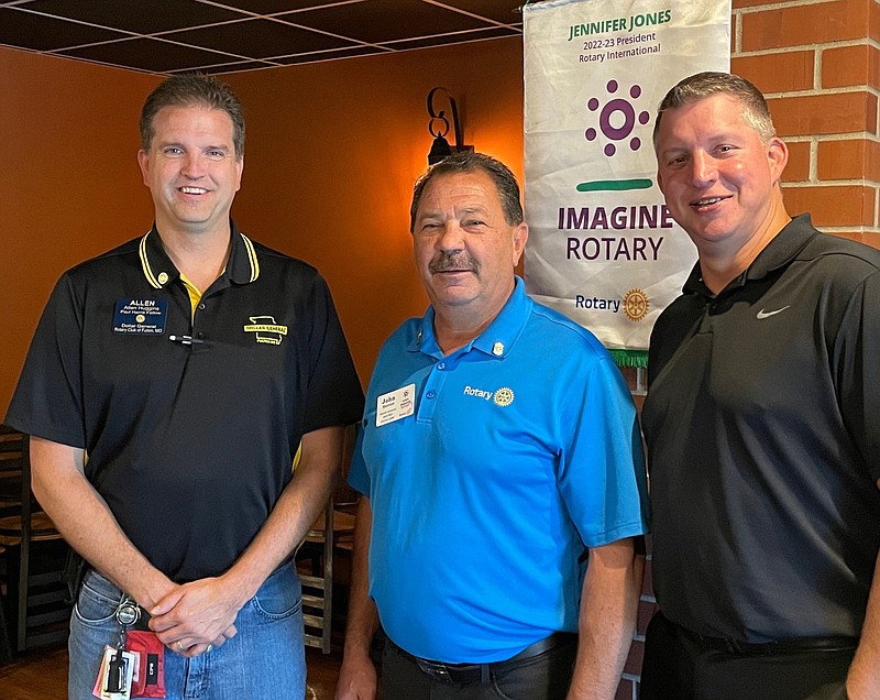 Allen Huggins, Fulton Rotary president; John Horton, District 6080 governor; and Brad Martens, assistant governor, were present during a recent Fulton Rotary meeting. (Fulton Sun photo)