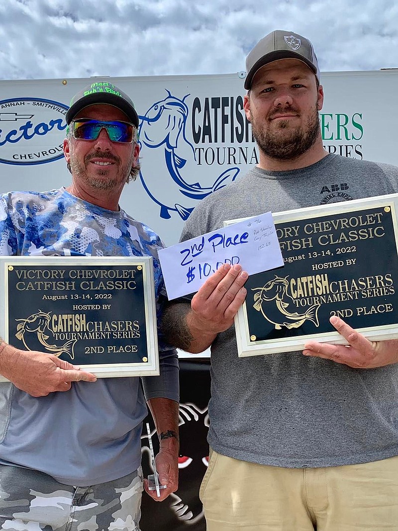 California resident Gary Taylor (right) and his friend Rob Stanley (left) took home $10,000 for winning second place at the 2022 Victory Chevrolet Catfish Classic in St. Joesph. (Photo/Facebook - Catfish Chasers Tournament Series-new)