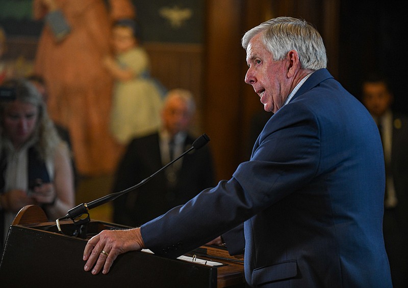Missouri Gov. Mike Parson holds a press conference in his state Capitol office Monday, Aug. 22, 2022, to announce he has called for a special legislative session to begin just after Labor Day. (Julie Smith/News Tribune photo)