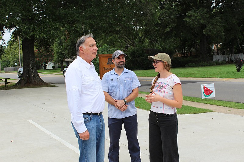 Bell Urban Farm co-owners Zack McCannon and Kim Doughty McCannon give U.S. Sen. John Boozman a tour of the one-acre urban farm and adjacent Farm Stand shop in Conway on Tuesday, Aug. 23, 2022.