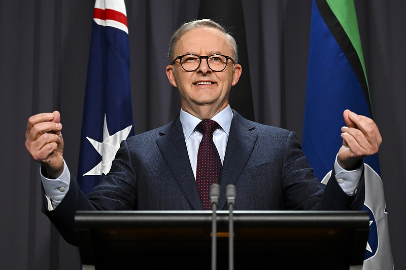 Australian Prime Minister Anthony Albanese speaks during a press conference at Parliament House in Canberra, Tuesday, Aug. 23, 2022, announcing that the government will launch a wide-ranging inquiry aimed at preventing a prime minister from secretly amassing new ministerial powers. Albanese's predecessor Scott Morrison has been widely criticized over recent revelations that he had secretly appointed himself to five ministerial roles between March 2020 and May 2021, usually without the knowledge of the original minister. (Lukas Coch/AAP Image via AP)
