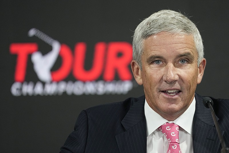 PGA Tour Commissioner Jay Monahan speaks during a press conference at East Lake Golf Club prior to the start of the Tour Championship golf tournament Wednesday Aug 24, 2022, in Atlanta, Ga. (AP Photo/Steve Helber)