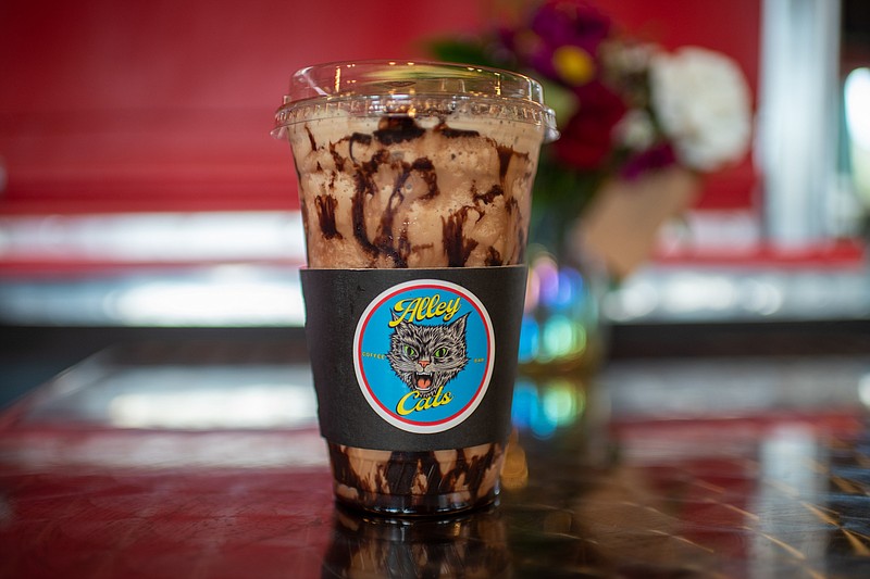 Alley Cats Coffee Bar in downtown Texarkana, Ark., offers the dark chocolate pretzel frappe — a chocolatey, salty coffee beverage with a bit of crunch. Alley Cats opened Aug. 15. (Staff photo by Erin DeBlanc)