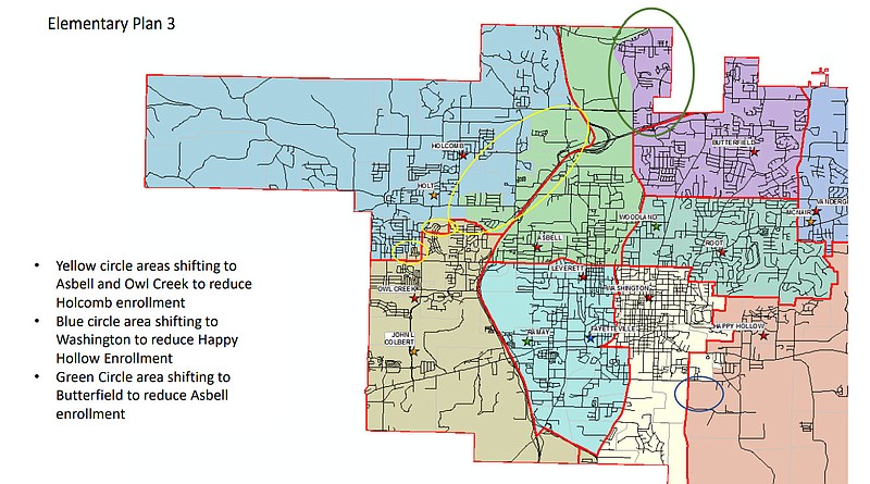 A map of elementary plan 3 shows how Fayetteville School District’s elementary school attendance zones will look starting with the 2023-24 school year.

(Courtesy Image/Fayetteville School District)