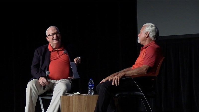 Arkansas Democrat-Gazette Senior Editor Rex Nelson talks with St. Louis Cardinals color commentator and former Cardinals pitcher Al "The Mad Hungarian" Hrabosky during the Fifth Annual Hot Springs Baseball Weekend in Horner Hall Saturday. - Photo by Lance Porter of The Sentinel-Record