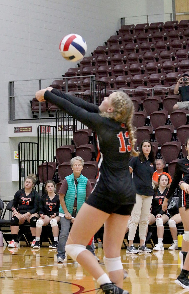 Mark Ross/Special to the Herald-Leader
Gravette freshman Piper Batie digs a ball during a match against Siloam Springs on Thursday, Aug. 25, at Panther Activity Center at Siloam Springs High School. Gravette defeated Siloam Springs 3-0.