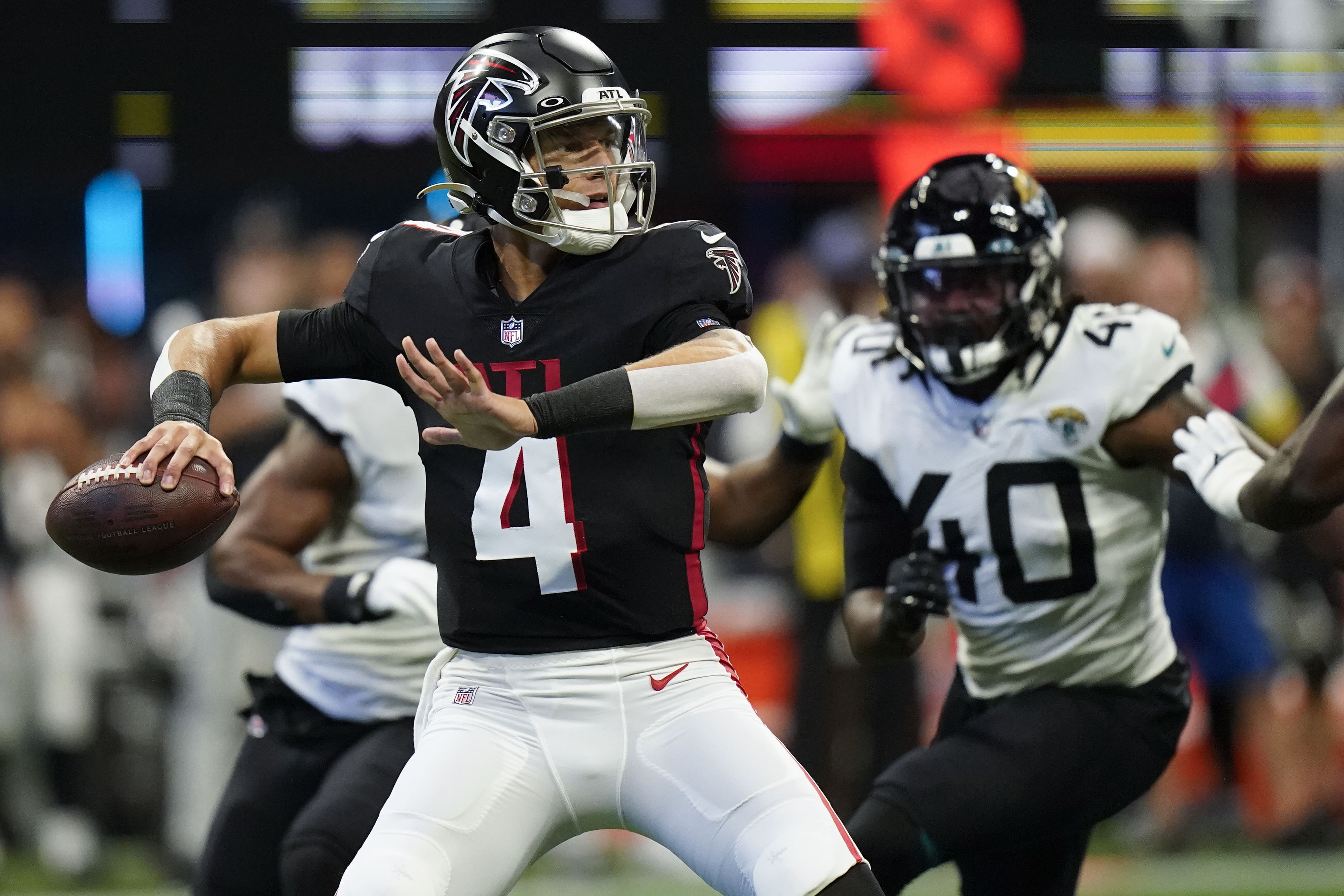 Atlanta Falcons cornerback Teez Tabor (20) runs onto the field before an  NFL football game against the Jacksonville Jaguars, Saturday, Aug. 27,  2022, in Atlanta. The Atlanta Falcons won 28-12. (AP Photo/Danny