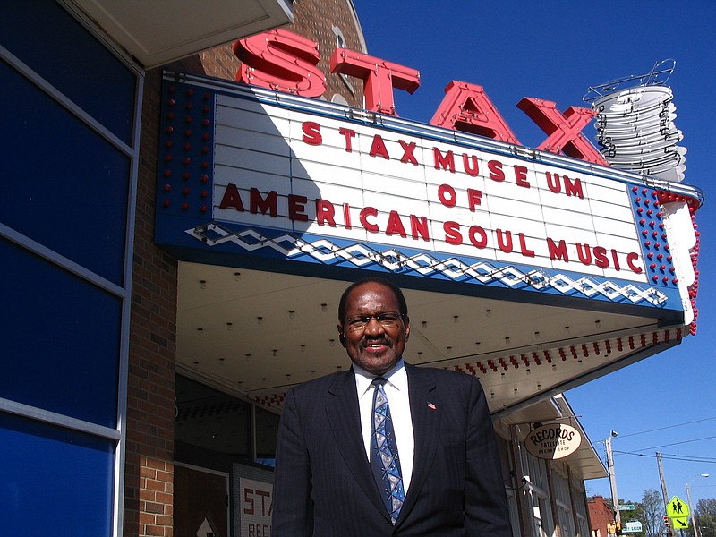 Former Stax Records owner and Chief Executive Officer Al Bell stands in front of the label’s marquee in Memphis. Bell, a native of Brinkley, will speak during “Wattstax Now And Then: Celebrating 50 Years of Wattstax and Americana Music by Black Artists,” a Sept. 14 panel at AmericanaFest in Nashville, Tenn. (Special to the Democrat-Gazette/Reed Bunzel)