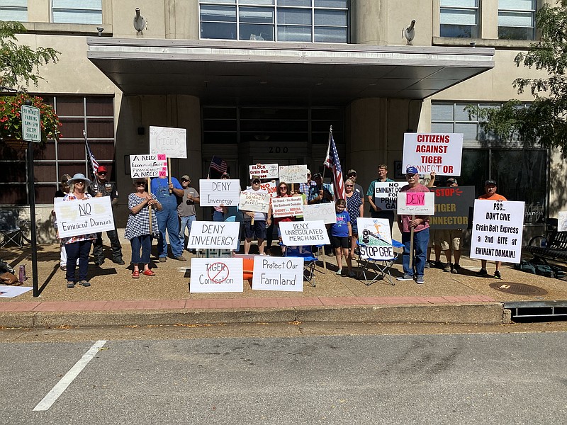 Protestors gather outside the Missouri Public Service Commission in Jefferson City to protest against the Grain Belt Express Tiger Connector, which was submitted for approval to the PSC on Aug. 24. (Anakin Bush/Fulton Sun photo)
