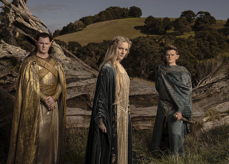Benjamin Walker (from left), Morfydd Clark and Robert Aramayo are among the big cast of “The Lord of the Rings: The Rings of Power,” now streaming on Amazon Prime. (Amazon Studios via AP)