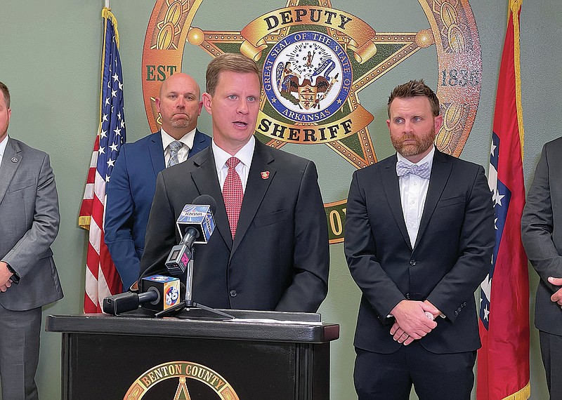 Benton County Prosecuting Attorney Nathan Smith gives details Wednesday on Operation Clean Sweep at the Benton County Sheriff’s Office in Bentonville. 
(NWA Democrat-Gazette/Mike Jones)