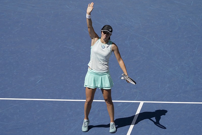 Iga Swiatek, of Poland, reacts after defeating Sloane Stephens, of the United States, during the second round of the U.S. Open tennis championships, Thursday, Sept. 1, 2022, in New York. (AP Photo/Mary Altaffer)