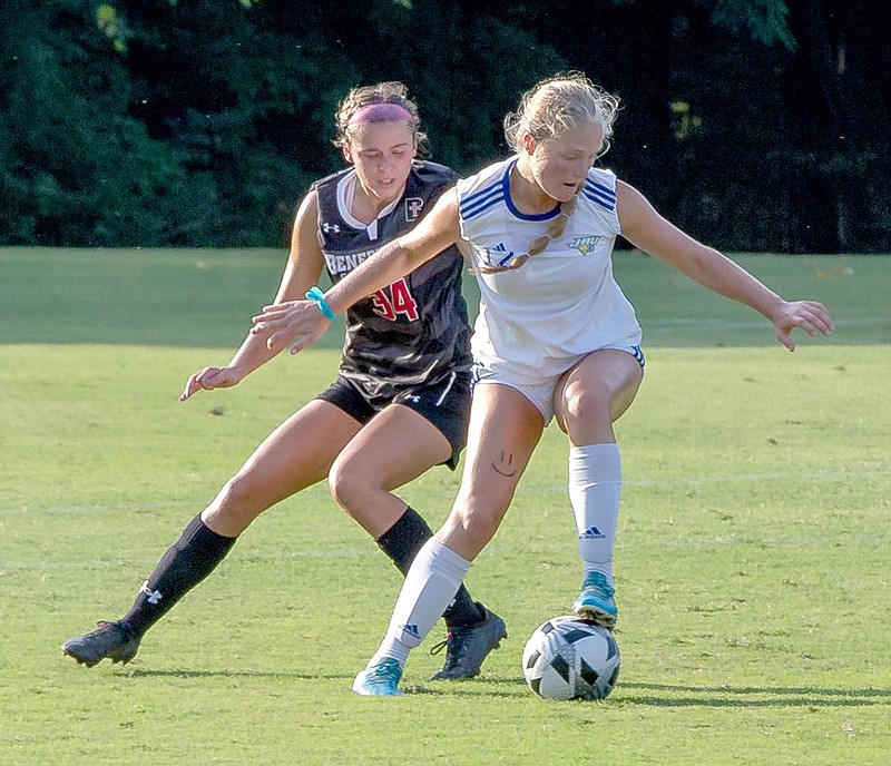 Photo courtesy of JBU Sports Information
John Brown's Lillian Johnson possesses the ball against Benedictine (Kan.) in the Golden Eagles' opener on Aug. 26. The Golden Eagles were defeated 2-0 by Missouri Valley at home on Saturday, Sept. 3. JBU is back in action Saturday, Sept. 10, at Friends (Kan.).