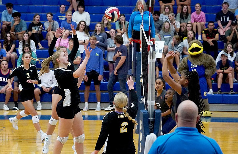 Photo courtesy of JBU Sports Information
John Brown senior and Siloam Springs native Ellie Lampton goes up for a hit against Langston in a 3-0 JBU victory on Tuesday, Sept. 6.
