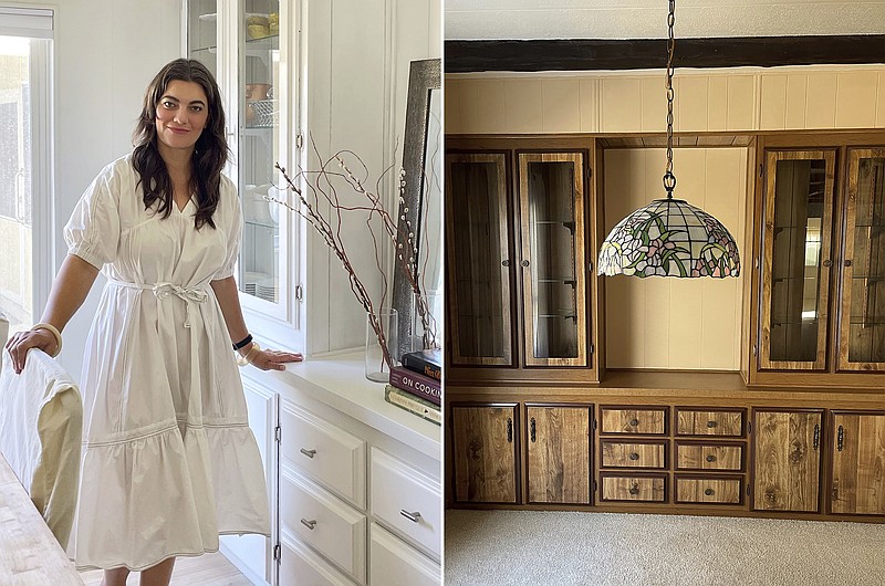 This combination of images shows Alexa d&#x2019;Argence, a senior designer at BAR Architects, in front of her newly renovated dining room hutch, left, and a photo of the dining room before the renovation. (Alexa d&#x2019;Argenc&#xe9; via AP)