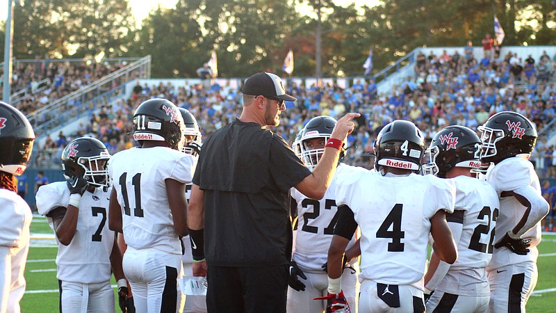 White Hall Coach Ryan Mallett instructs his team during an Aug. 26 game at Sheridan. (Special to The Commercial/Jamie Hooks)
