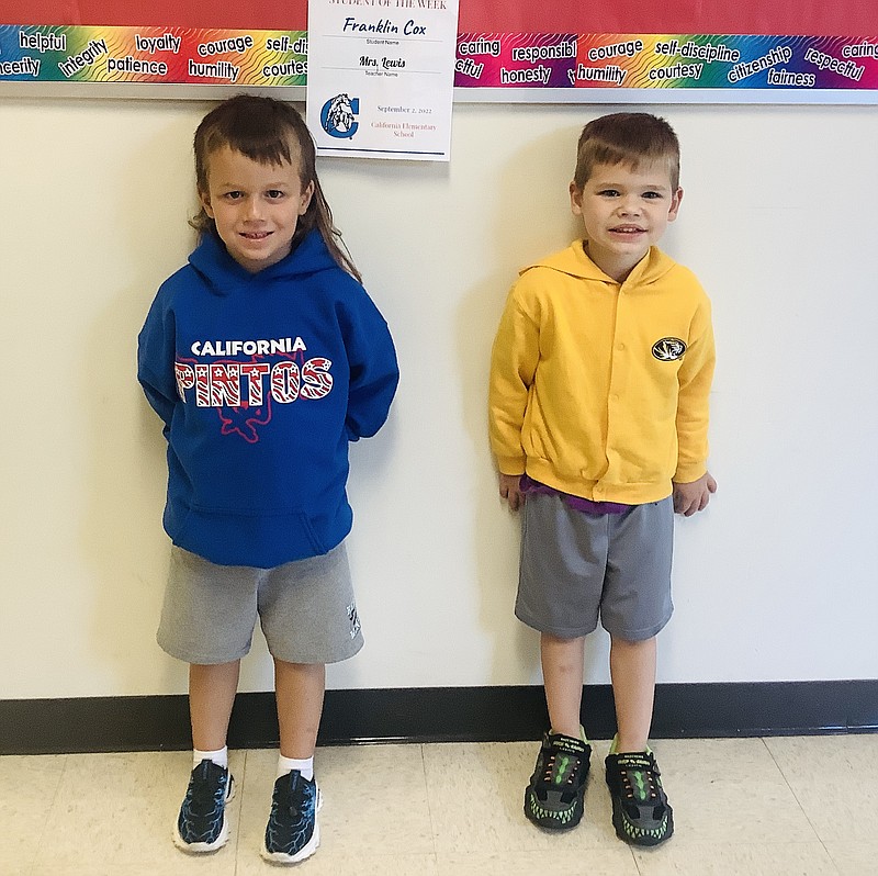 Submitted — Pre-kindergarten students Kaysin Belt, left, and Liam Wood pose for a photo Friday (Sept. 9, 2022,) after winning Student of the Week at California Elementary School.