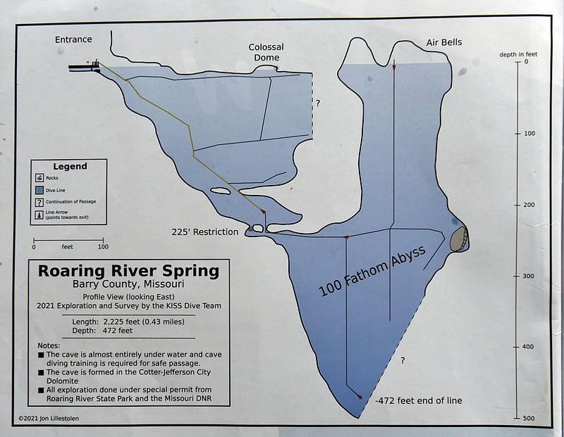Dive team member Jon Lillestolen of Virginia created this map of Roaring River Spring with information from dives in 2021. Plans are to install an updated map of the spring to replace one that park visitors currently see at the spring's outflow.
(NWA Democrat-Gazette/Flip Putthoff)