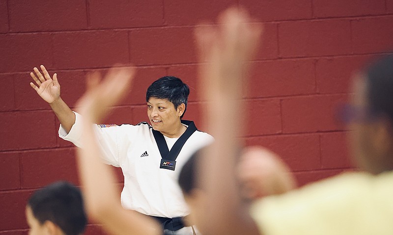 Master Jwala with GTA Taekwondo gives a demonstration at the rec center off 1 Legion Drive in Texarkana, Ark. Saturday morning. Nearly 50 participants participated in the free self defense class. Taekwondo is a Korean form of martial arts. Photo by JD