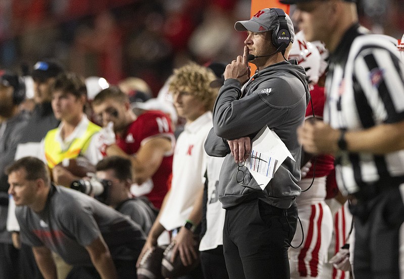 Nebraska head coach Scott Frost, second from right, watches from the sideline as his team plays against Georgia Southern Saturday in Lincoln, Neb. - Photo by Rebecca S. Gratz of The Associated Press