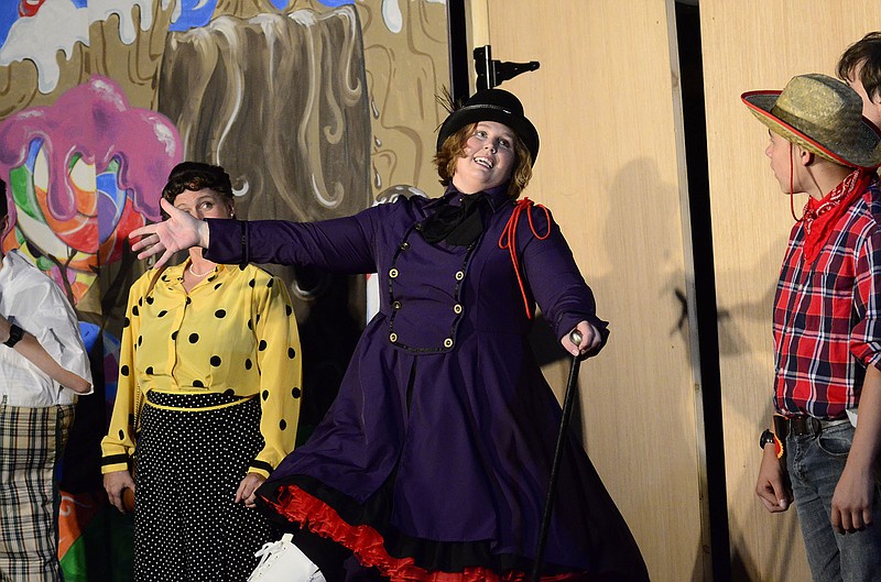 Eileen Wisniowicz/News Tribune photo: 
Willy Wonka shows her guests around the chocolate factory on Tuesday, Sept. 13, 2022 at the Itsy Bitsy Broadway in Jefferson City. The actors are performing in "Charlie and the Chocolate Factory" that will open on Sept. 22.