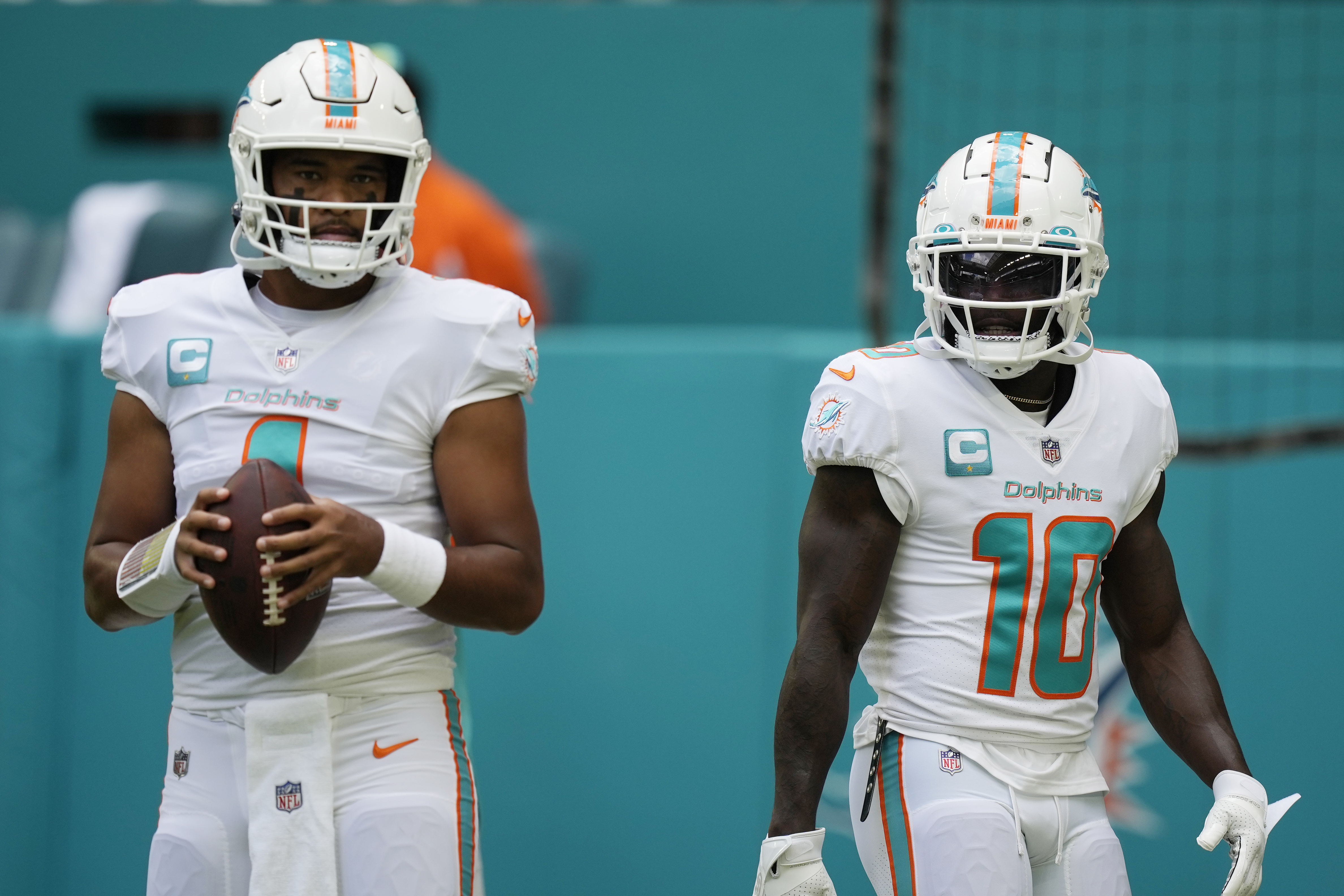 Tua Tagovailoa of the Miami Dolphins warms up prior to the game