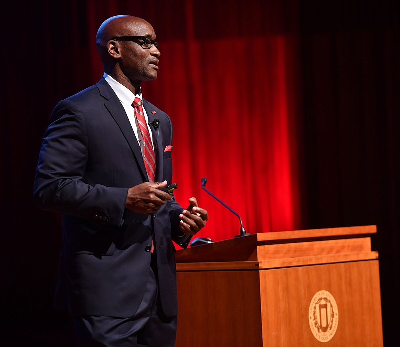 Charles Robinson, interim chancellor of the University of Arkansas, speaks Monday, Sept. 12, 2022, during the first in a series of forums for candidates for the job of chancellor at the Faulkner Performing Arts Center on the university campus in Fayetteville. Visit nwaonline.com/220913Daily/ for today's photo gallery. 
(NWA Democrat-Gazette/Andy Shupe)