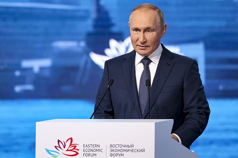 Russian President Vladimir Putin delivers a speech during a plenary session at the Eastern Economic Forum in Vladivostok, Russia, Wednesday, Sept. 7, 2022. (Sergei Bobylev, Sputnik, Kremlin Pool Photo via AP)