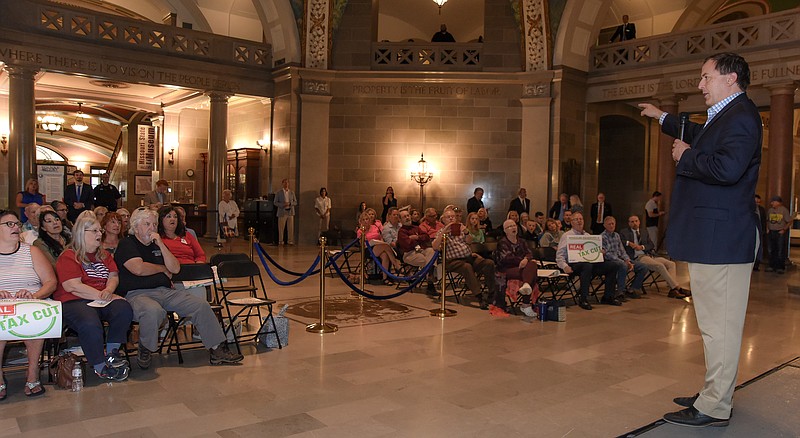 Julie Smith/News Tribune photo: 
Missouri Secretary of State Jay Ashcroft addressed those gathered Wednesday, Sept. 14, 2022, for the Americans for Prosperity Missouri rally in the Capitol Rotunda. Ashcroft and several legislators spoke about the importance of reducing Missourians' tax burden by going beyond the proposed tax cuts.