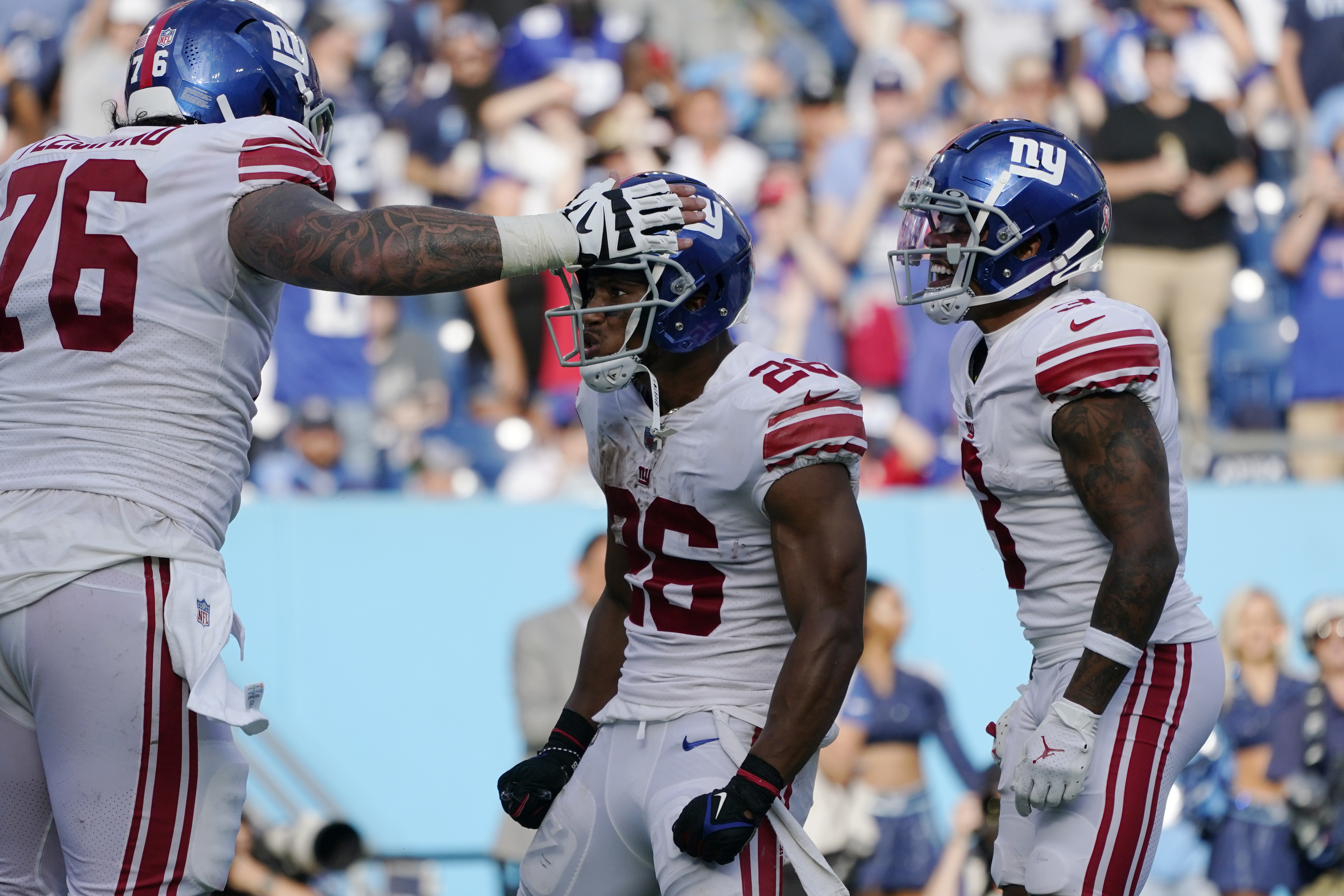 New York Giants running back Saquon Barkley (26) celebrates after