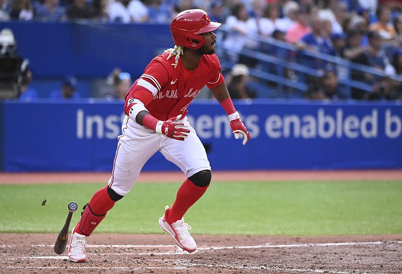 Toronto Blue Jays left fielder Raimel Tapia watches his three-RBI double in the fifth inning of a baseball game in Toronto, Saturday, Sept. 17, 2022. (Jon Blacker/The Canadian Press via AP)
