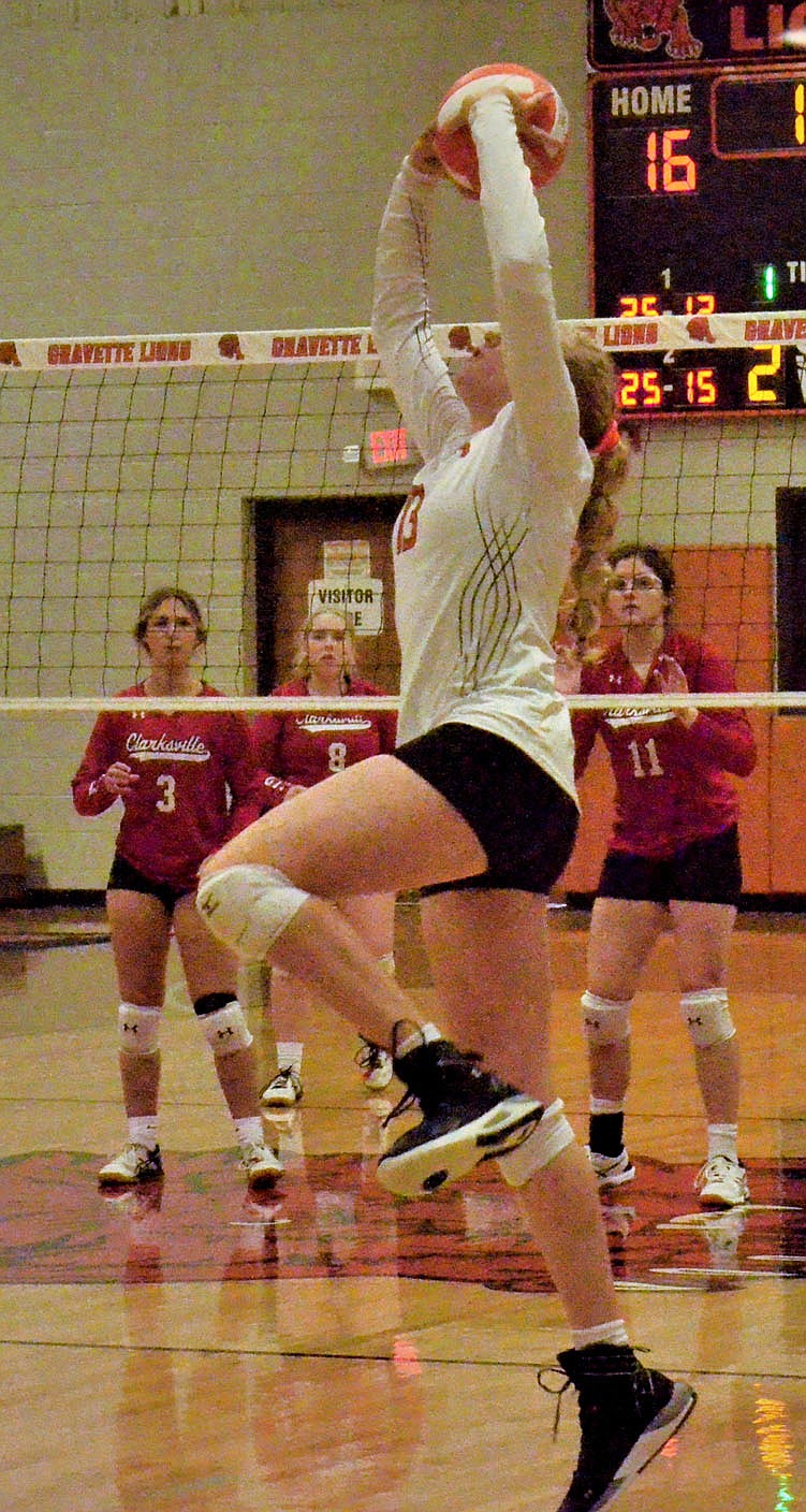 Special to the Eagle Observer/BROOK BEREZNICKI
Piper Batie sets the ball for the Lady Lions during play against Clarksville on Thursday in Gravette.