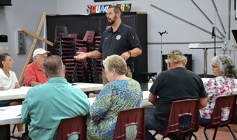 TIMES photograph by Annette Beard
Several people attended the Seniors and Law Enforcement Together (SALT) meeting Tuesday, Sept. 20, 2022, as Pea Ridge Police Lt. John Langham counseled attendees about scam phone calls. Hosted by Benton County S.A.L.T., the Pea Ridge Police Department and Benton County Emergency Management the lunch and learn was held at First Baptist Church, Pea Ridge, and addressed avoiding scams, being smart with money and preparing for winter weather.