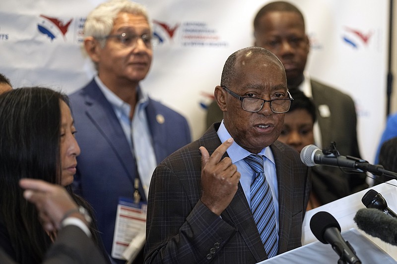 Houston Mayor Sylvester Turner speaks during a news conference about voting rights Tuesday, Sept. 20, 2022, in Houston. The National Nonpartisan Conversation on Voting Rights is holding meetings and seminars in Houston Tuesday and Wednesday. (AP Photo/David J. Phillip)