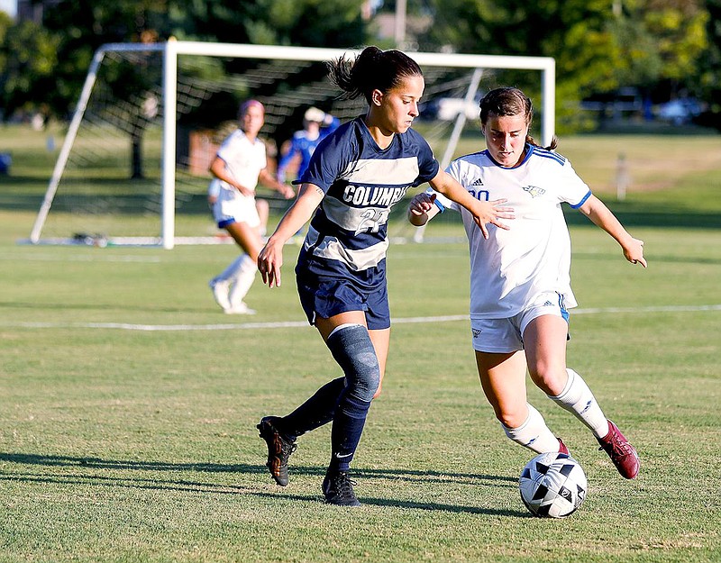 Photo courtesy of JBU Sports Information
John Brown sophomore Renny Buchanan battles a Columbia College player during a match at Alumni Field on Sept. 20. JBU lost 2-0 to Columbia but rebounded to beat William Woods 8-0 on Saturday, Sept. 24. JBU travels to Oklahoma Panhandle State on Wednesday, Sept. 28.