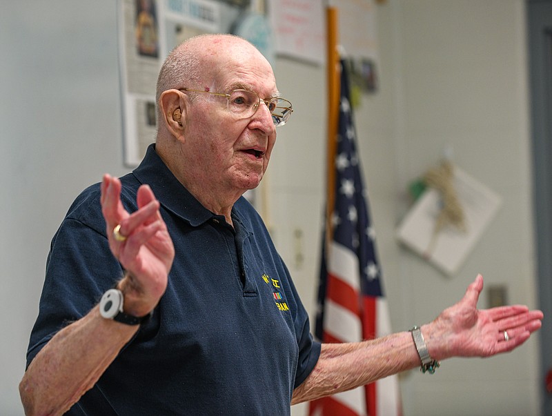 Julie Smith/News Tribune photo: 
World War II Veteran James Schaffner visited Denise Crider's class at Russellville High School Wednesday morning, Sept. 21, 2022, where he talked to students about life in the U.S. Army. Schaffner told them about the instances that led up to him receiving two Purple Hearts, being wet and not being able to change clothes for almost two weeks and much more. Schaffner retired from the Army National Guard after 30 years of active, reserve and guard service.