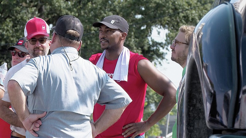 Actor Anthony Mackie is seen Sept. 12 in New Orleans. Mackie grew up working in the family roofing business and is now teaming up with roofing company GAF to fix roofs for homeowners whose homes sustained damage during last year's Hurricane Ida. (AP/Stephen Smith)