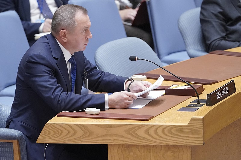 Belarus' Foreign Minister Vladimir Makei speaks during a high level Security Council meeting on the situation in Ukraine, Thursday, Sept. 22, 2022, at United Nations headquarters. The tide of international opinion appears to have decisively shifted against Russia, as a number of non-aligned countries joined the United States and its allies in condemning Russia’s war in Ukraine and its threats to the principles of the international rules-based order. Only one country, Belarus, a non-council member and Russia ally that was invited to participate, spoke in support of Russia, but also called for a quick end to the fighting, which it called a “tragedy.” (AP Photo/Mary Altaffer)