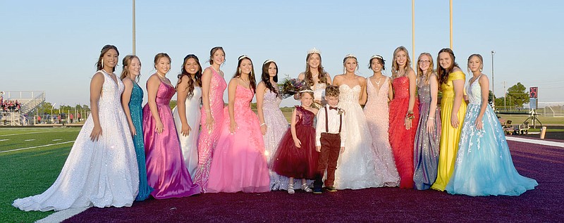 MARK HUMPHREY  ENTERPRISE-LEADER/Lincoln's 2022 Homecoming Court posed at the south end zone of the football field following the coronation of Tabor Lewis as Homecoming queen at Wolfpack Stadium. Homecoming maids (names not in order) included: freshmen Hannah Remington and Layni Birkes, sophomores Makayla Quinn, Makenna Doss, and Makayla Lee, juniors Amber Bryant, Mika Arnold, Nv-Ya Jackson and Zella Pomeroy, and seniors Elizabeth Tran, Saylor Stidham, Lily Riherd, Lewis, and Ryleigh Landrum. Attendants were Scarlett Stone and Reid Turner.