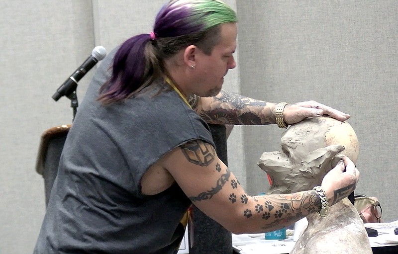 Tony Buck, owner of Tony Buck FX Studios, conducts a Mask Workshop Saturday at the Hot Springs Convention Center during Spa-Con 6.0. - Photo by Lance Porter of The Sentinel-Record