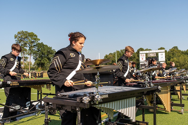 Pleasant Grove High School marimba players perform during an exhibition ahead of the marching invitational Saturday morning, Sept. 24, 2022, at Hawk Stadium in Texarkana, Texas. It was the fourth year for the Pride in Motion Band to host the competition. (Staff photo by Erin DeBlanc)