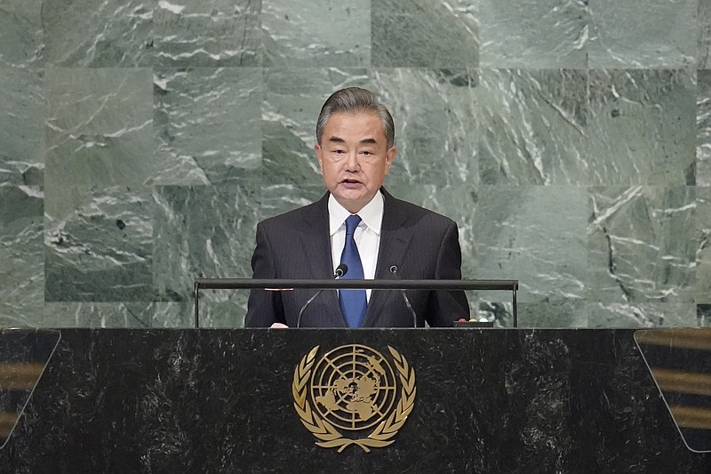 The Associated Press
Foreign Minister of China Wang Yi addresses the 77th session of the United Nations General Assembly on Saturday at U.N. headquarters.