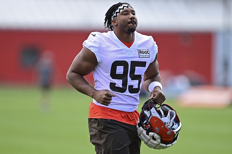 Cleveland Browns defensive end Myles Garrett runs on the field