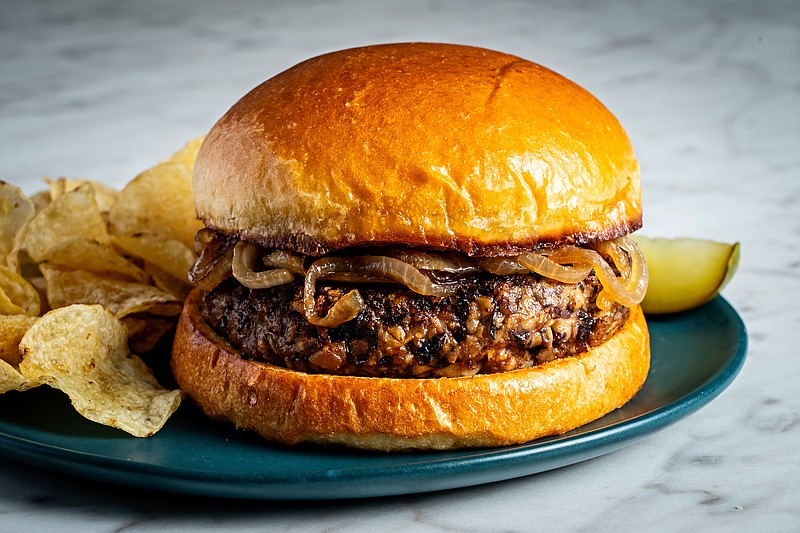 Mushroom and Black Bean Burgers With Balsamic-Glazed Onions. MUST CREDIT: Photo by Scott Suchman for The Washington Post.