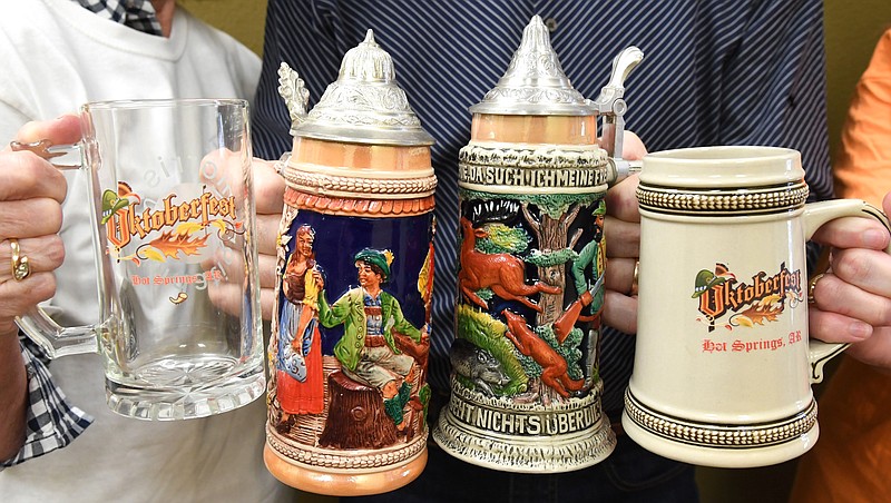 Beer steins are readied for the annual Oktoberfest celebration in Hill Wheatley Plaza in October 2018. - File photo by The Sentinel-Record