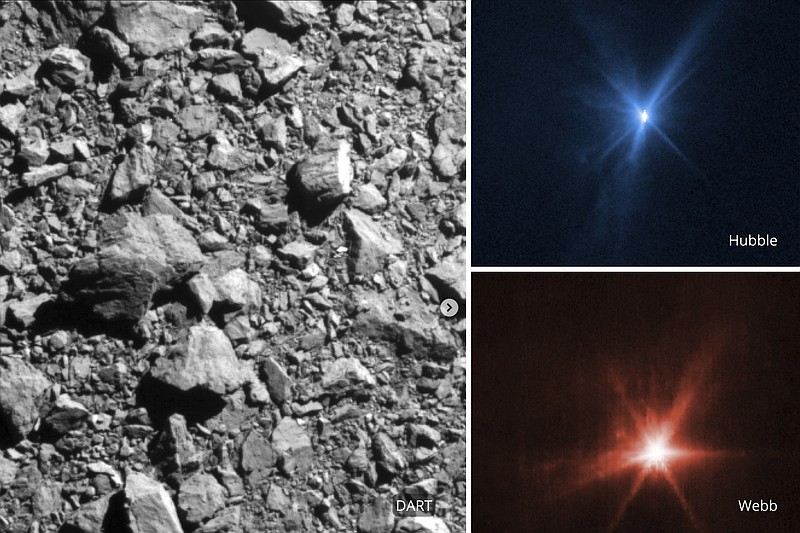 This combination of images provided by NASA shows three different views of the DART spacecraft impact on the asteroid Dimorphos on Monday, Sept. 26, 2022. At left is the view from a forward camera on DART, upper right the Hubble Space Telescope and lower right the James Webb Space Telescope. (NASA via AP)